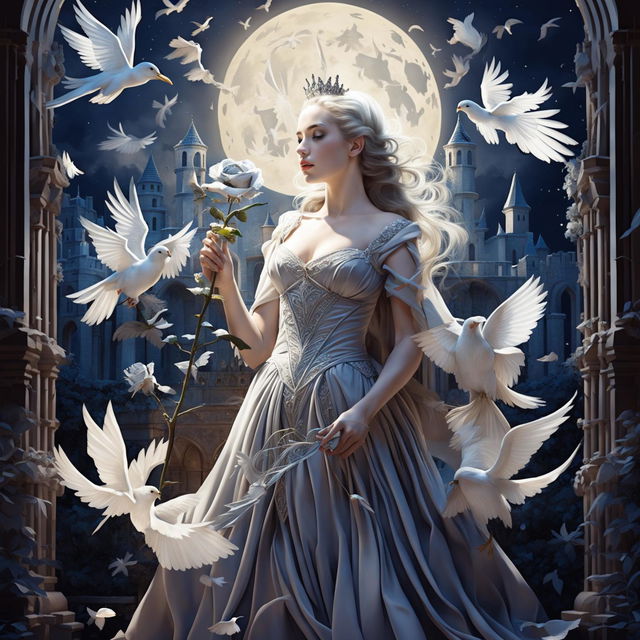 A beautiful princess in a grand castle holding a large white-gray rose under a bright full moon with four white birds flying around, creating an enchanting atmosphere