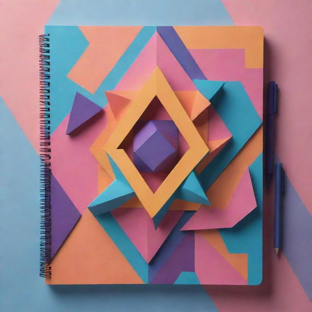 A vibrant 3D sketchbook cover showcasing an intricate design made of geometric shapes and lines, exuding an aura of creativity and innovation.