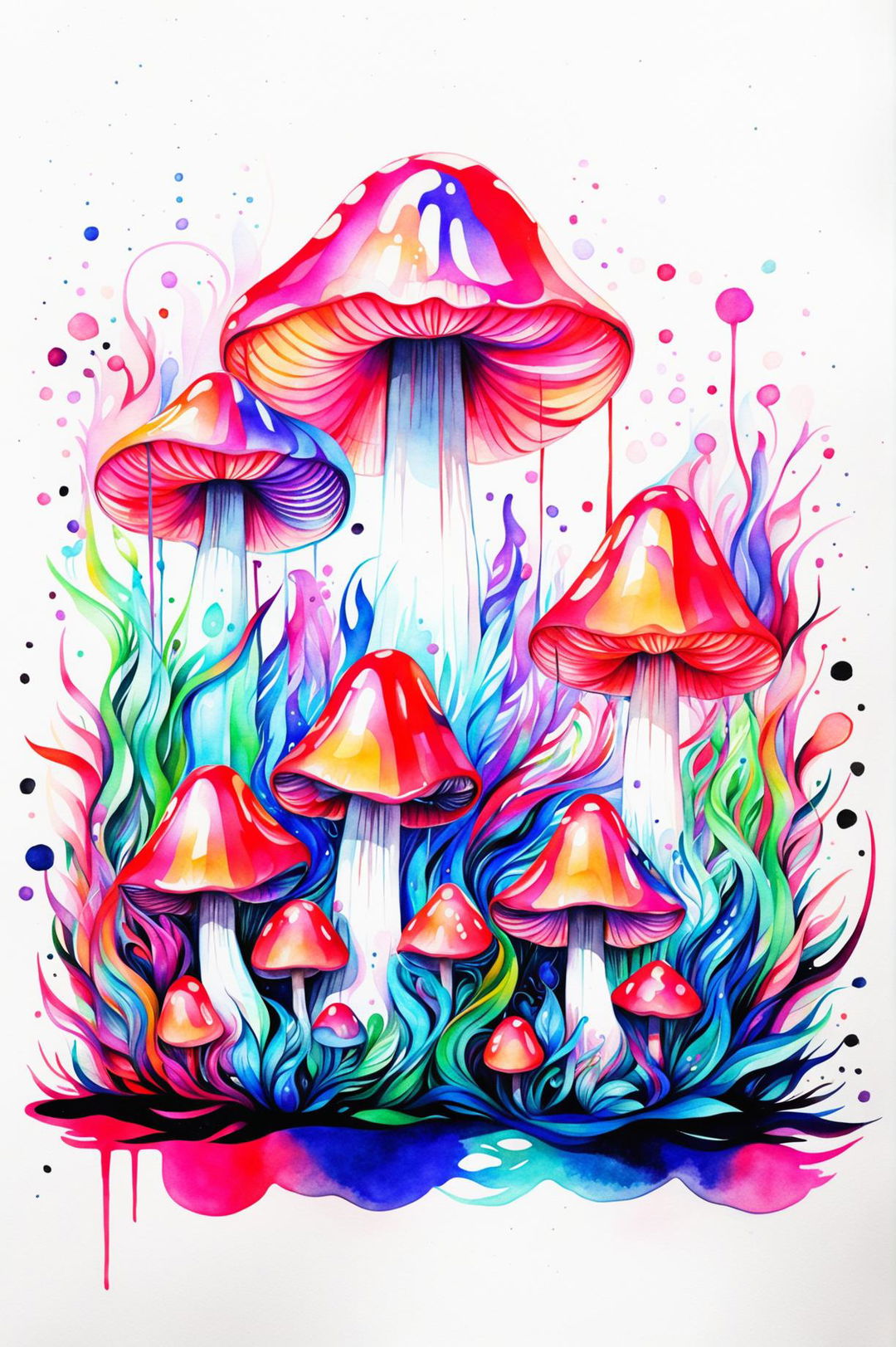 A beautiful watercolour painting focusing on psychedelic mushrooms, showcasing their vibrant colours, intricate patterns, and whimsical shapes in a dreamlike, otherworldly environment