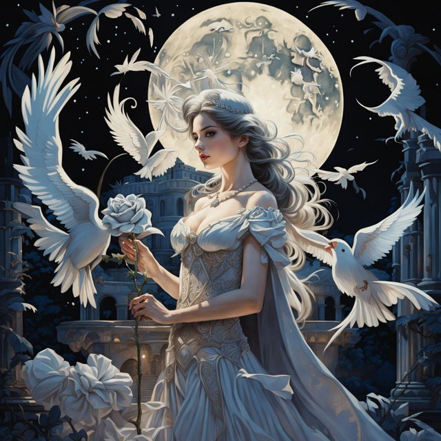 A beautiful princess in a grand castle holds a large white-gray rose under a gigantic full moon