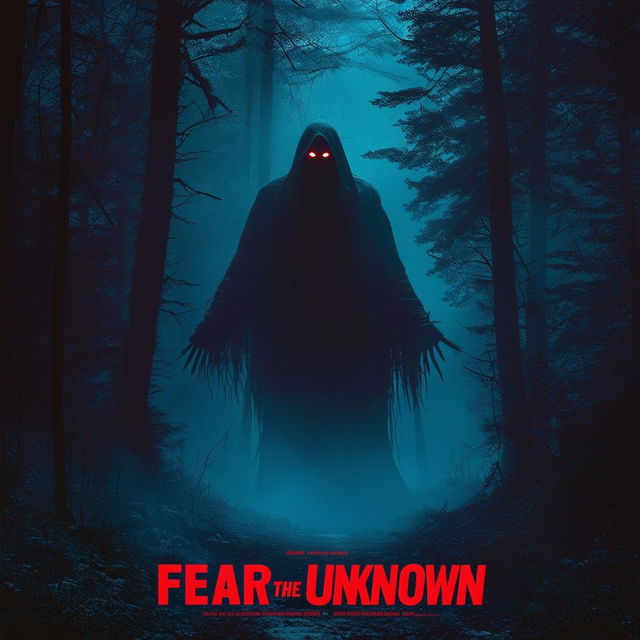 A chilling movie poster with a dark, foggy forest, a ghostly figure with glowing eyes, and the title in bold, blood-red letters