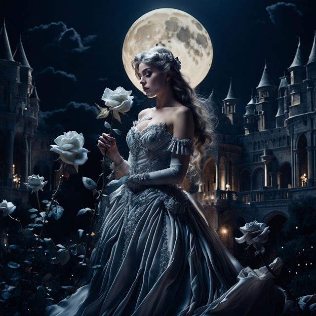 A beautiful woman in princess attire stands in a grand castle, holding a large white-gray rose under a large full moon with a bright lunar glow