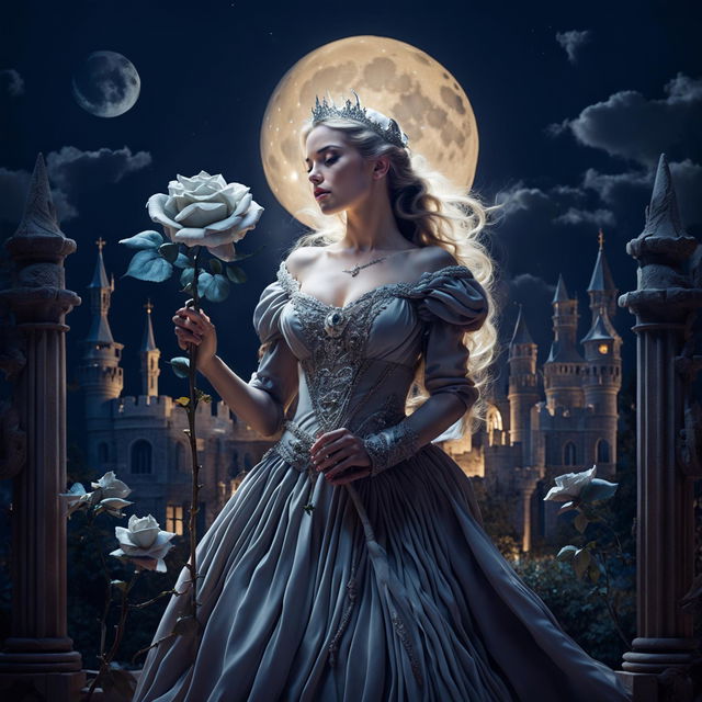 A beautiful woman in princess attire stands in a grand castle, holding a large white-gray rose under a large full moon with a bright lunar glow on a clear night