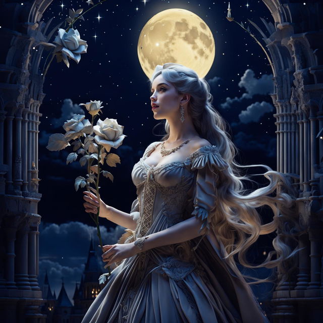 A beautiful woman in princess attire stands in a grand castle, holding a large white-gray rose under a huge full moon