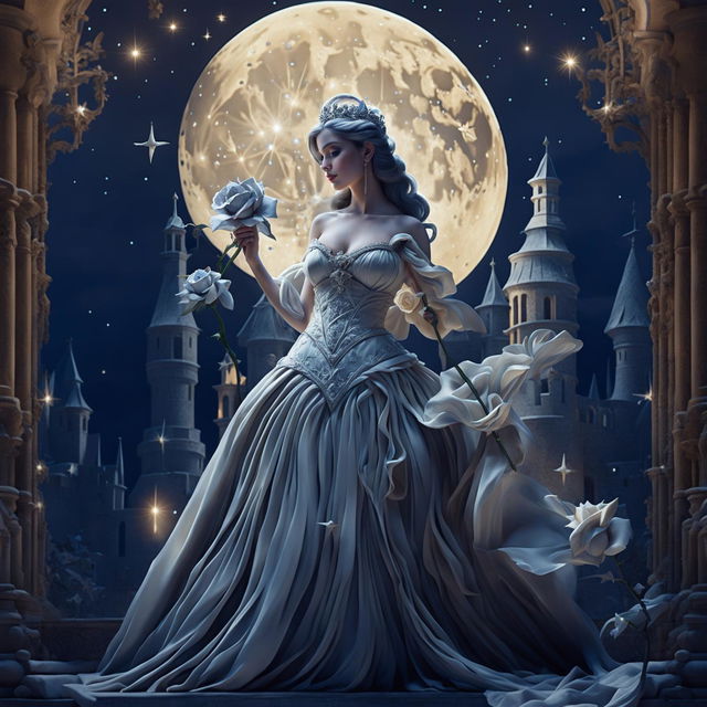 A beautiful princess in a castle holds a large white-gray rose