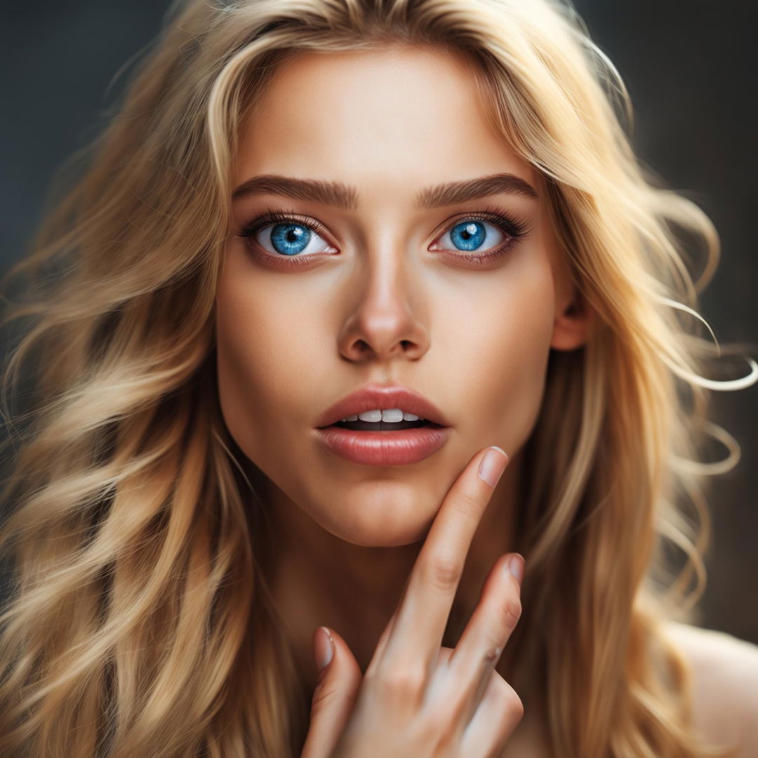 Create a realistic image of a beautiful blonde woman with her finger on her mouth, featuring bright blue eyes, long flowing blonde hair, and a captivating expression