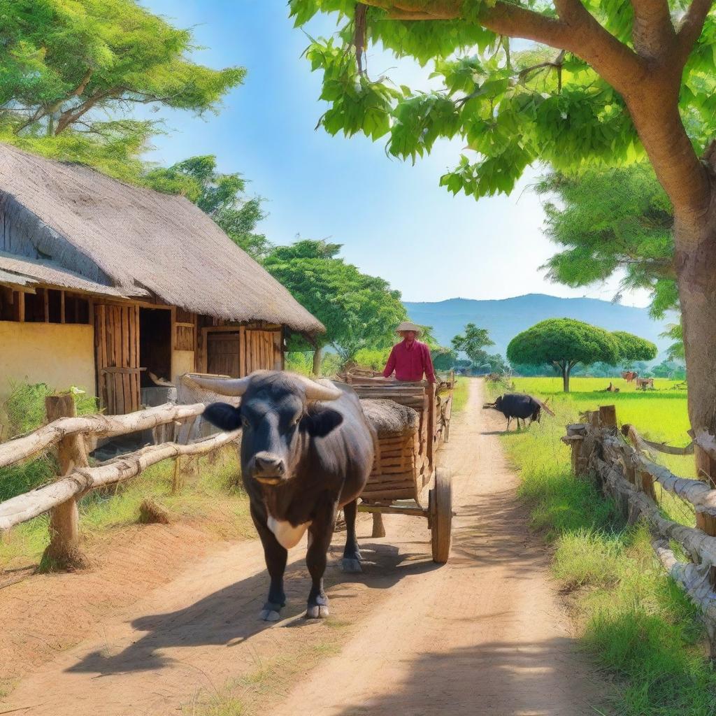 A traditional ox cart traveling down a dirt road on a farm, surrounded by wooden fences and various farm animals