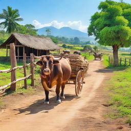 A traditional ox cart traveling down a dirt road on a farm, surrounded by wooden fences and various farm animals