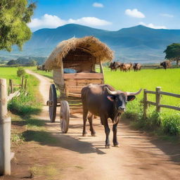 A traditional ox cart traveling down a dirt road on a farm, surrounded by wooden fences and various farm animals