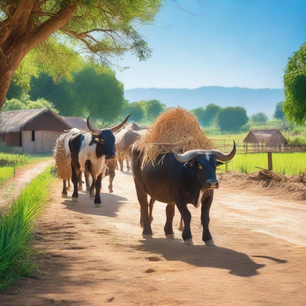 A traditional ox cart traveling down a dirt road on a farm, surrounded by wooden fences and various farm animals