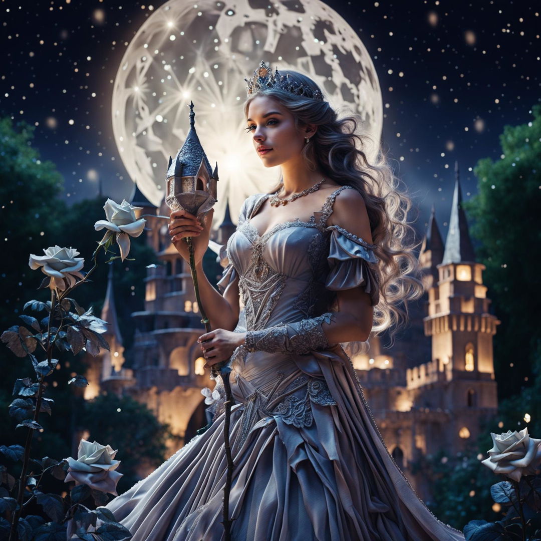 A beautiful princess in a grand castle holds a large white-gray rose under a bright lunar glow