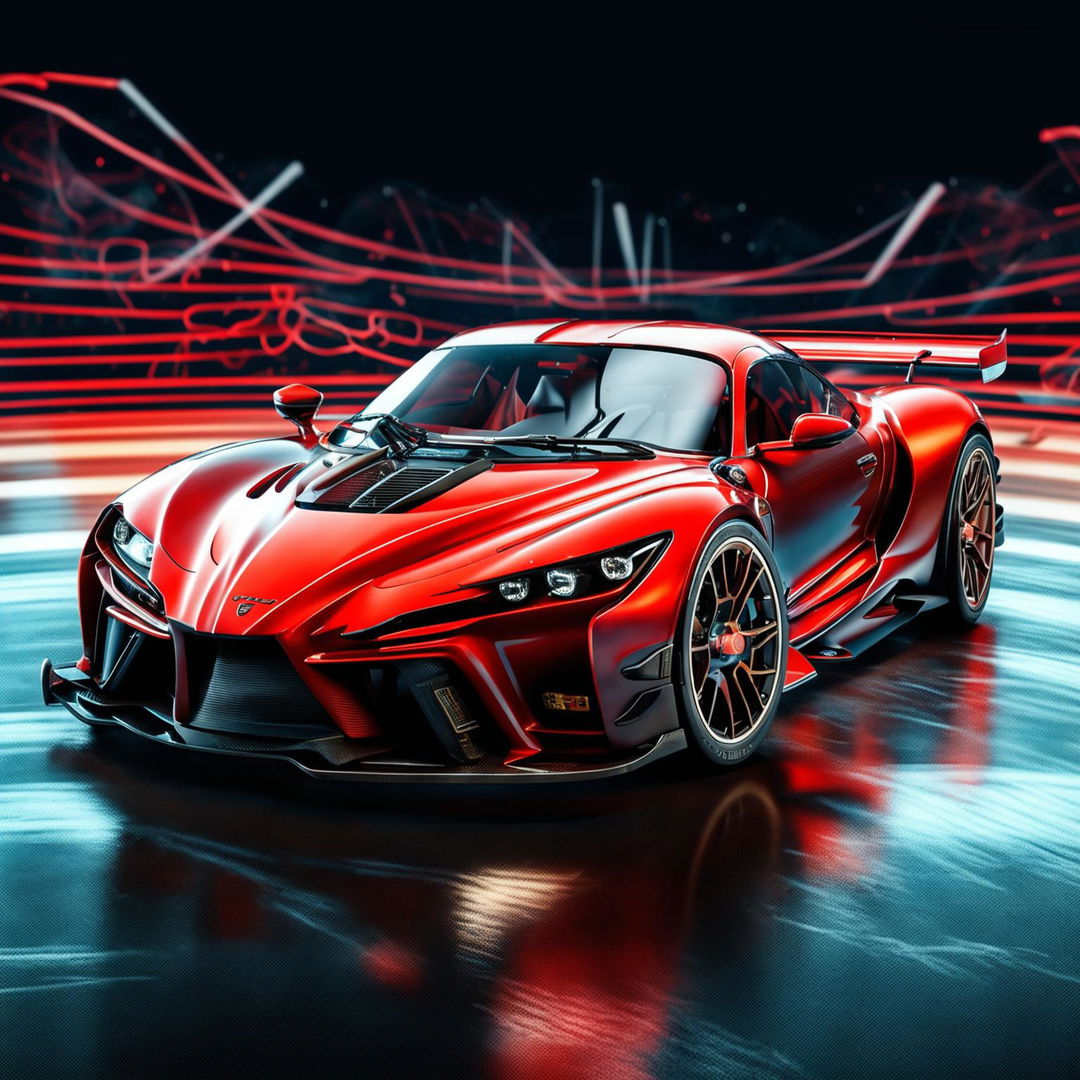 Create a realistic image of a high-performance red sports car with a sleek design, set against a dynamic background like a race track or winding road