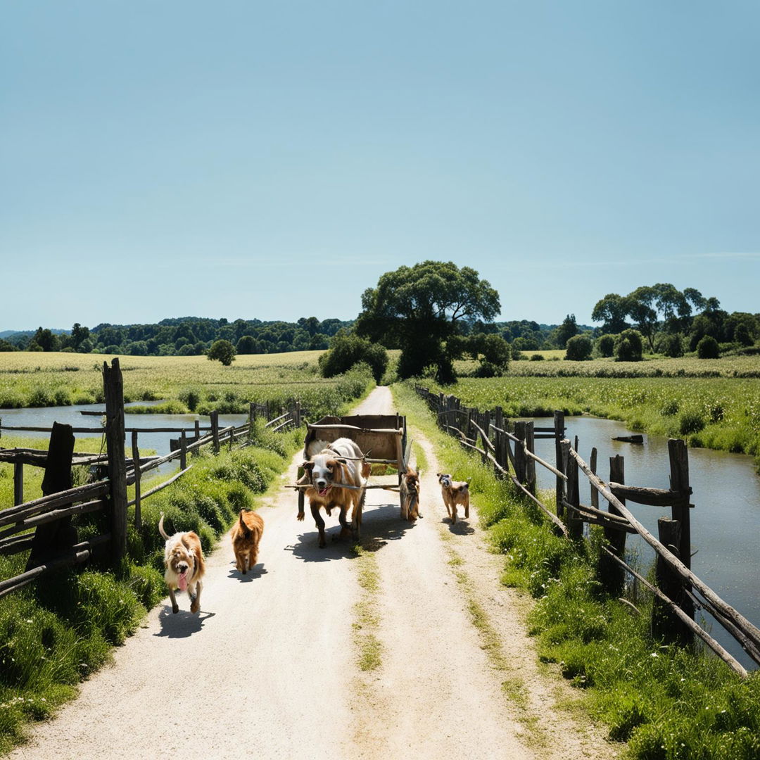 A traditional ox cart on a farm path with wooden fences, a rustic gate, farm dogs playing near a creek, and a lush green landscape under a clear blue sky