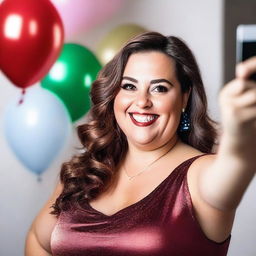 A 30-year-old woman with brown hair and brown eyes, slightly overweight, taking selfies while wearing party clothes