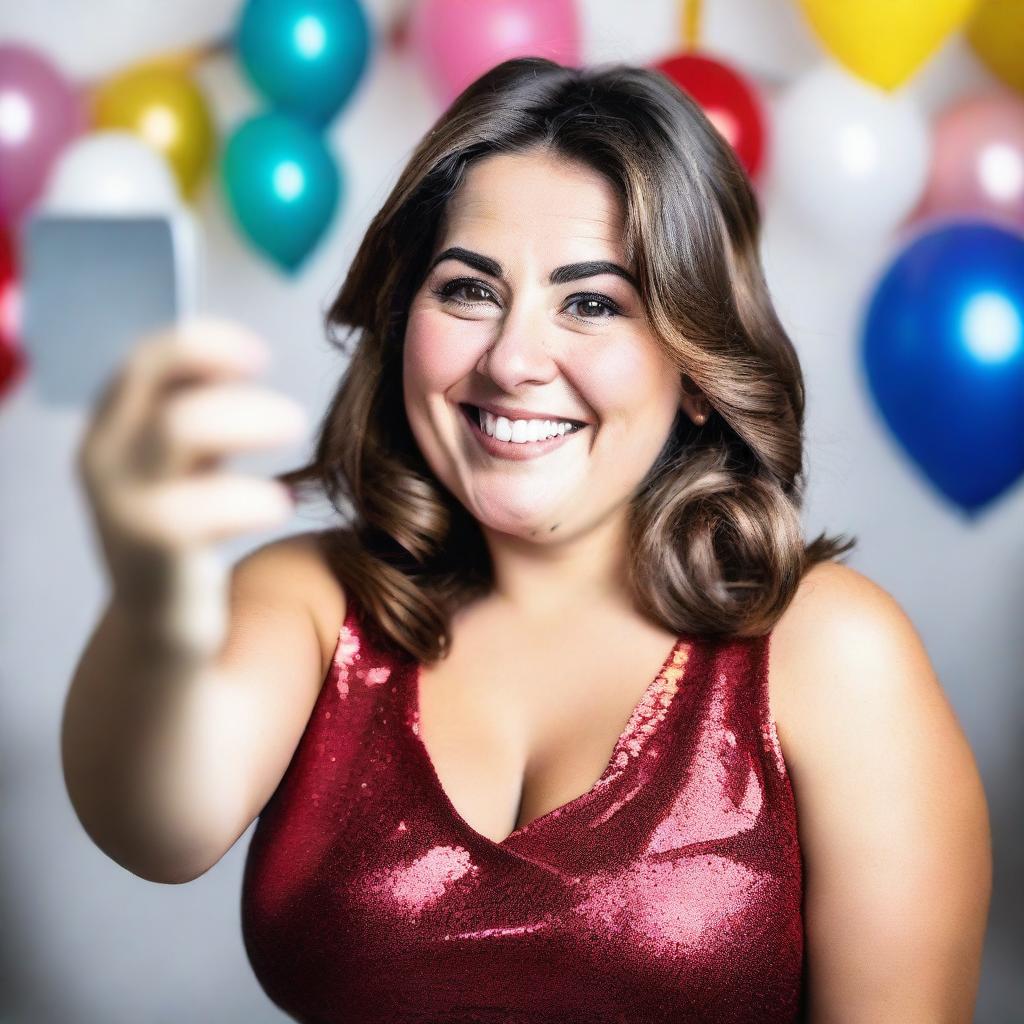 A 30-year-old woman with brown hair and brown eyes, slightly overweight, taking selfies while wearing party clothes