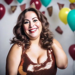 A 30-year-old woman with brown hair and brown eyes, slightly overweight, taking selfies while wearing party clothes