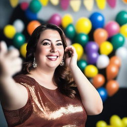 A 30-year-old woman with brown hair and brown eyes, slightly overweight, taking selfies while wearing party clothes