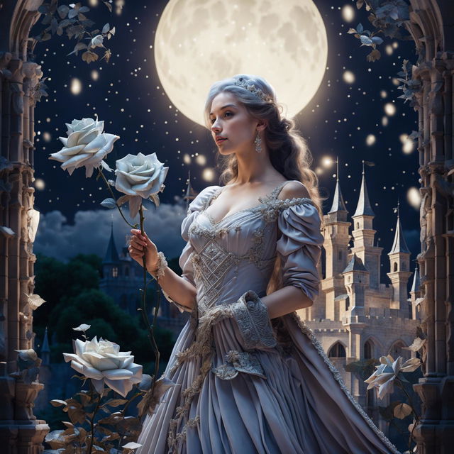 A beautiful princess in a grand castle holds a white-gray rose under a fully white full moon