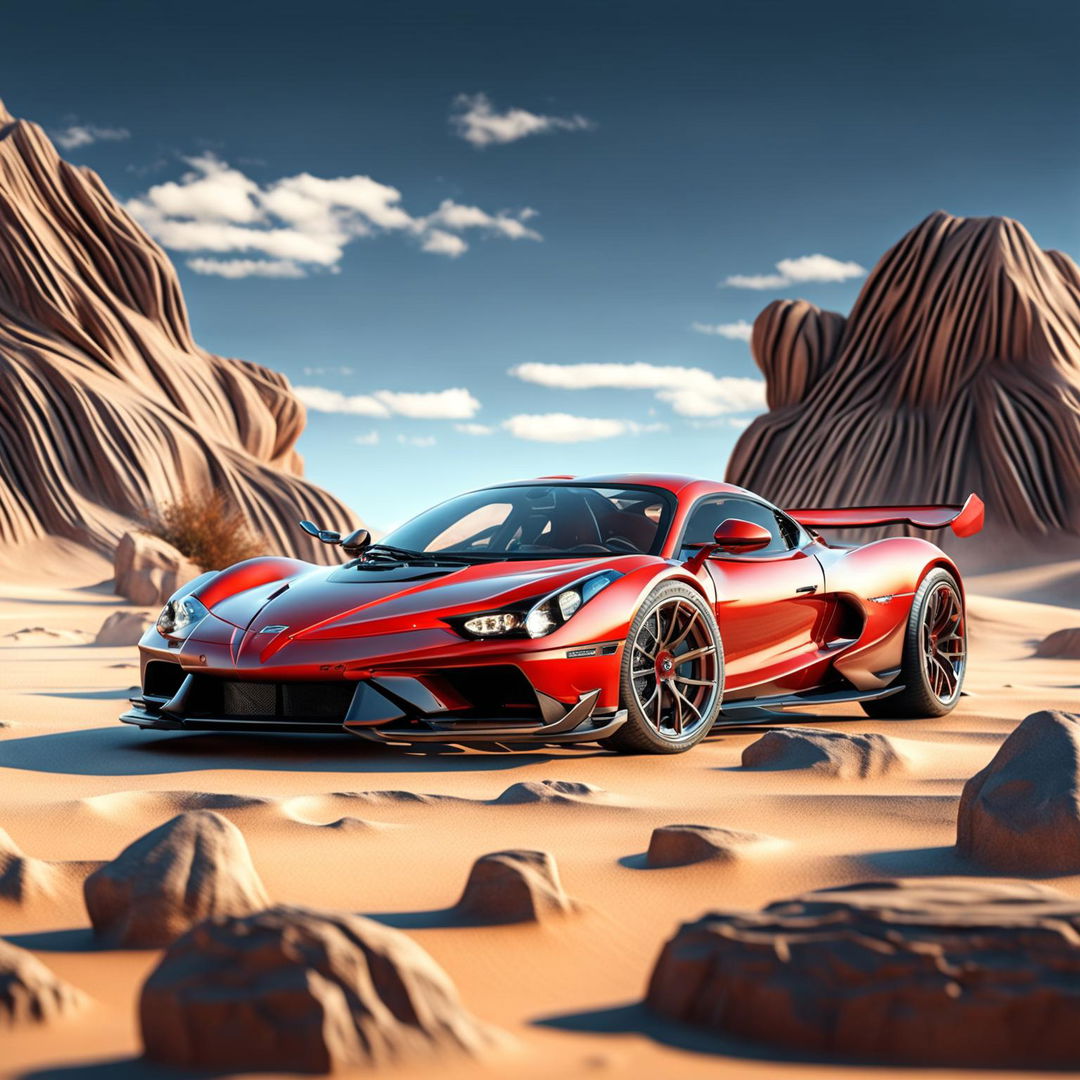 Create a realistic image of a high-performance red sports car with a sleek design, set against a realistic desert backdrop with sandy dunes and rocky outcrops