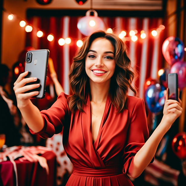 A 30-year-old woman with brown hair and brown eyes, slightly slimmer than average, taking selfies while wearing party clothes in a lively and festive setting