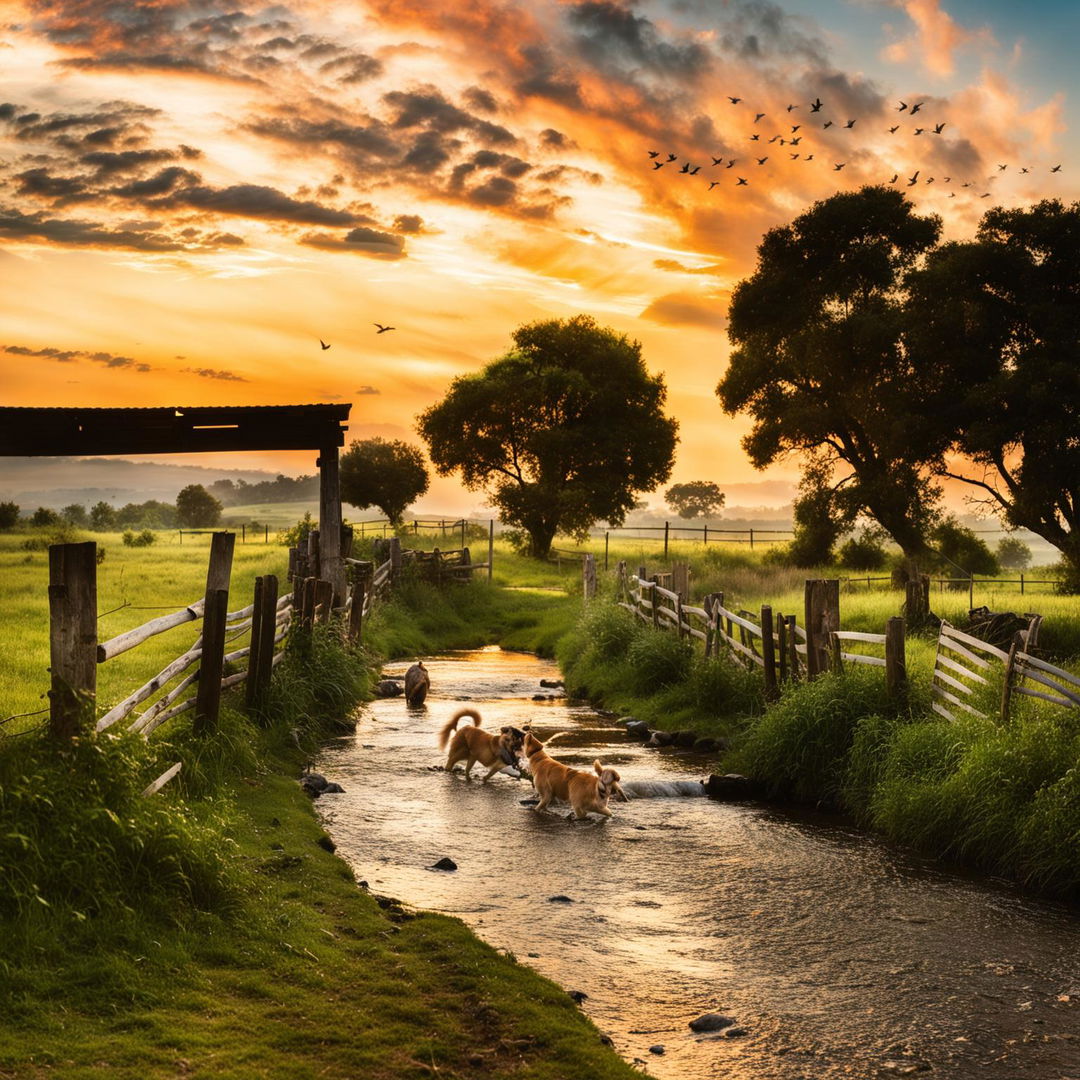 A serene farm scene at sunset with wooden fences, a rustic gate, farm dogs playing near a creek, birds flying, and a golden glow over the lush green fields