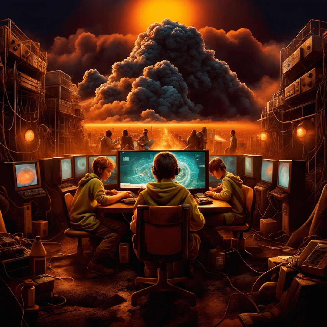 A 2024 movie poster with an orange background featuring young adults creating a computer game in an old bunker, with a volcanic ash cloud approaching their city