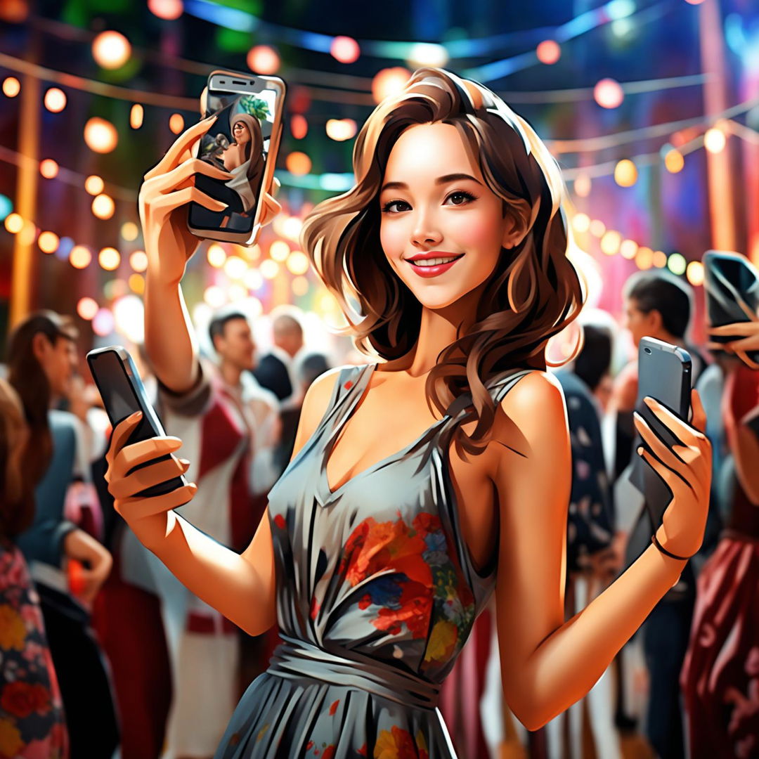 A realistic depiction of a 30-year-old woman with brown hair and brown eyes, slightly slimmer than average, taking selfies in party clothes at a lively and festive event