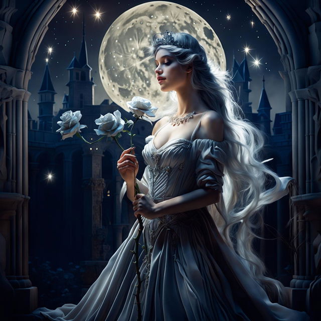 A beautiful princess in a castle holds a white-gray rose