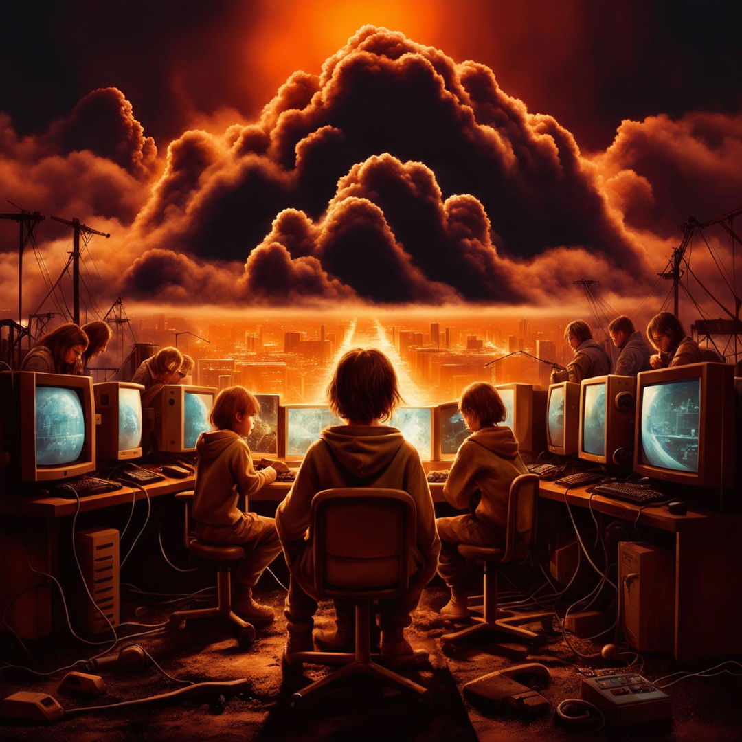 A 2024 movie poster with an orange background featuring young adults, no kids, creating a computer game in an old bunker, with a volcanic ash cloud approaching their city