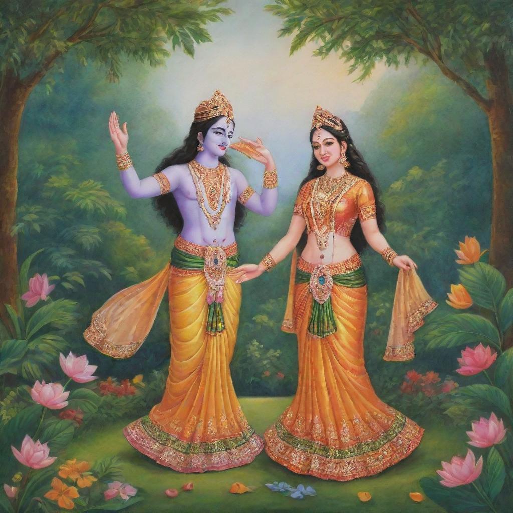 Adorable representations of Krishna and Radha in traditional attire, engaged in a joyful scene surrounded by lush, vibrant nature.