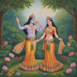 Adorable representations of Krishna and Radha in traditional attire, engaged in a joyful scene surrounded by lush, vibrant nature.