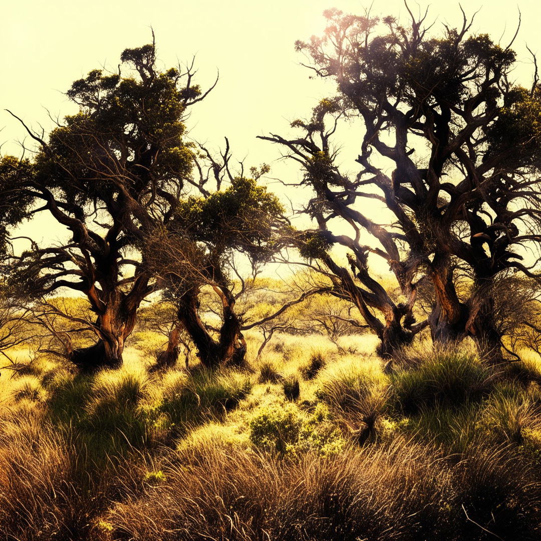 A vibrant scene in the Brazilian cerrado with a field, guavira plants, twisted trees, bright sun, and tall grasses, highlighting the biome's unique beauty and ecological richness