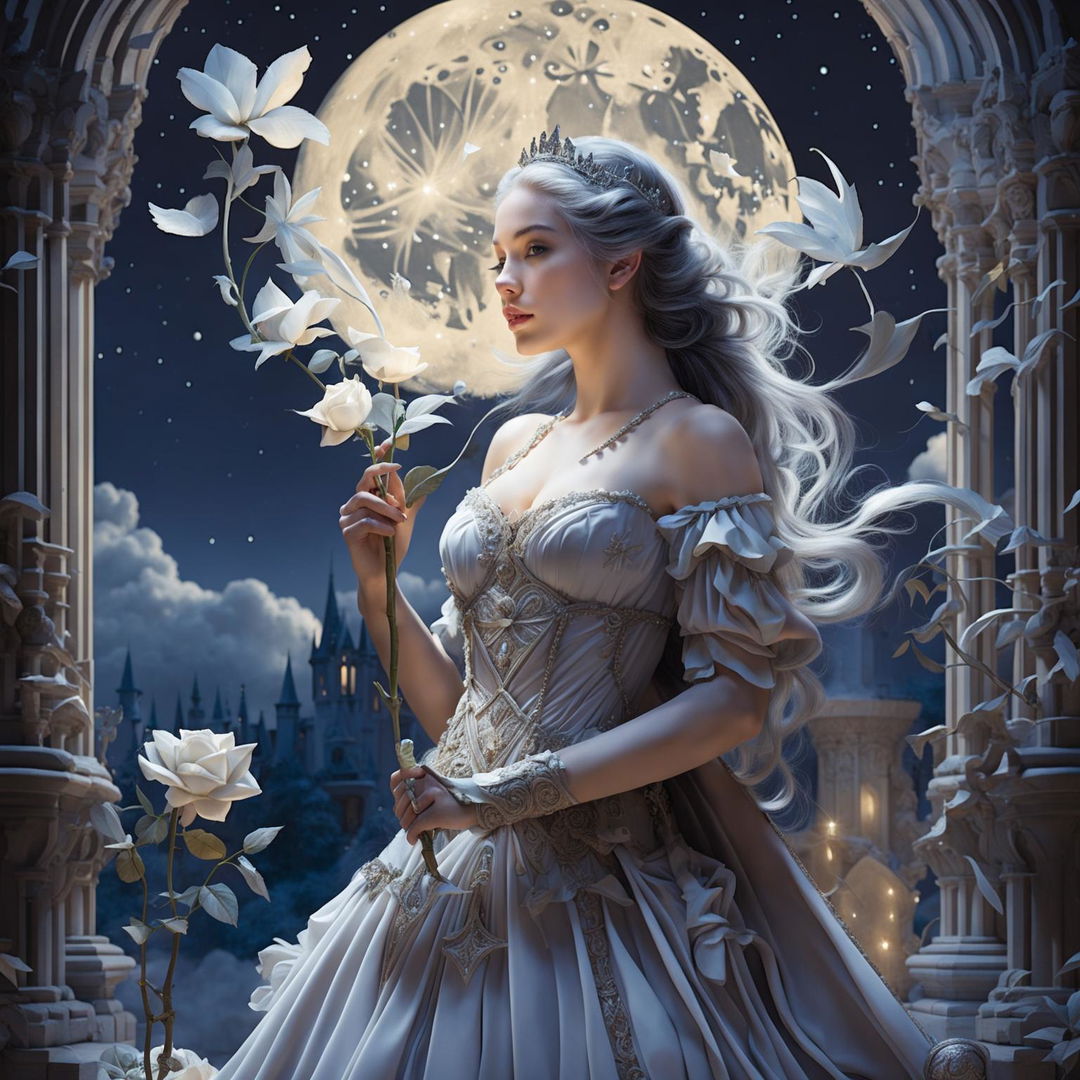 A beautiful woman in princess attire stands in a grand castle, holding a white-gray rose under a full white moon and a starry white night sky