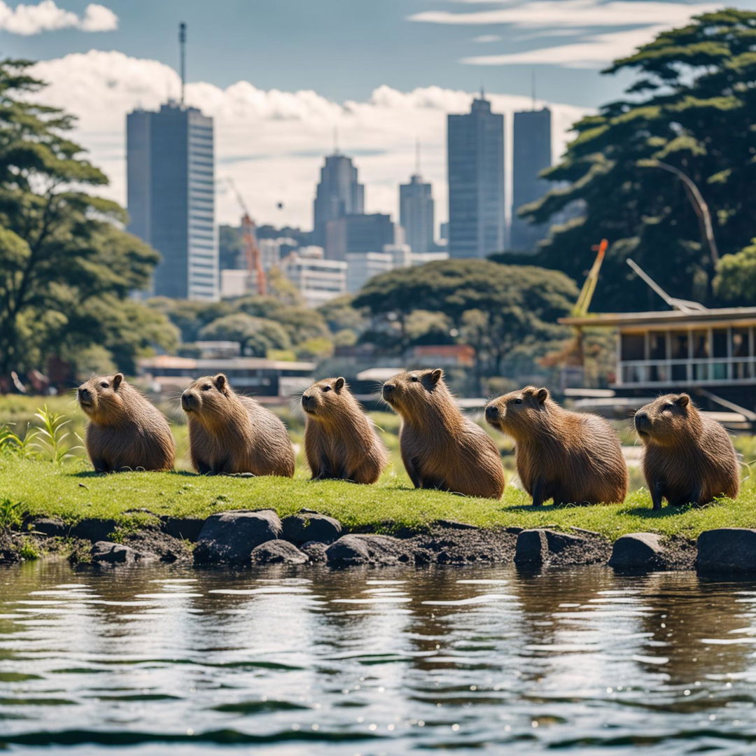 A group of capybaras near a serene lake at the edge of a bustling city, surrounded by a lush forest, highlighting the coexistence of urban and natural environments