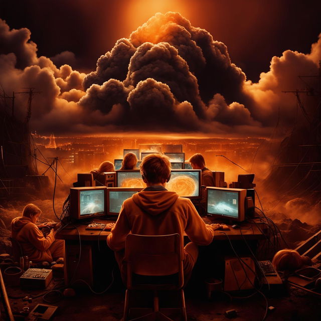 A 2024 movie poster with an orange background featuring young adults, around 24 years old, creating a computer game in an old German bunker, with a volcanic ash cloud approaching Wrocław