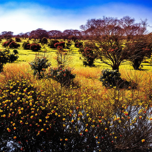 A picturesque scene in the Brazilian cerrado with expansive fields, fruit-bearing shrubs, colorful flowers, bright sunlight, and vines weaving through the vegetation, showcasing the biome's rich biodiversity