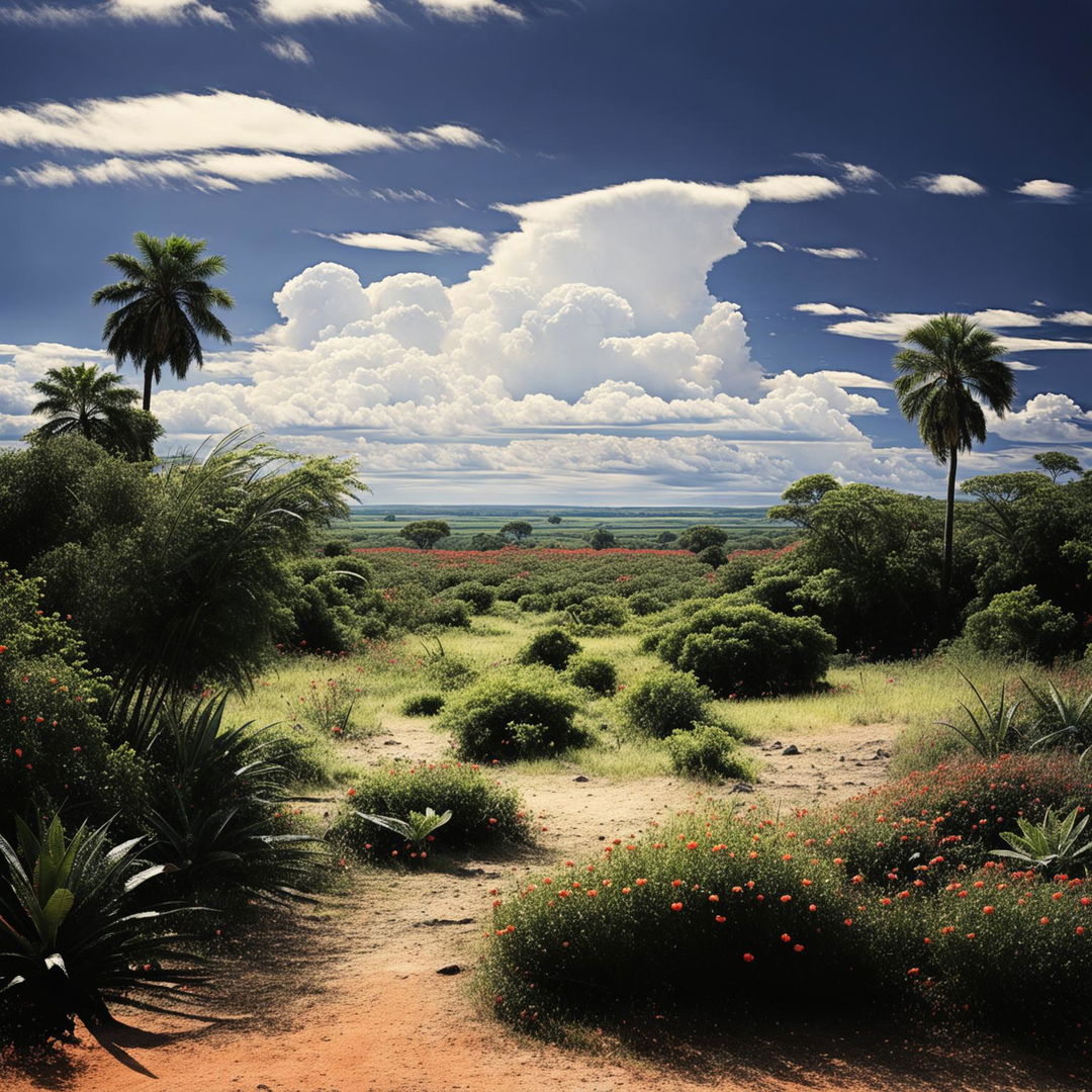 A stunning savanna landscape with expansive fields, shrubs, tall grasses, fruit-bearing plants, and palm trees, showcasing the harmonious blend of diverse vegetation under the expansive sky