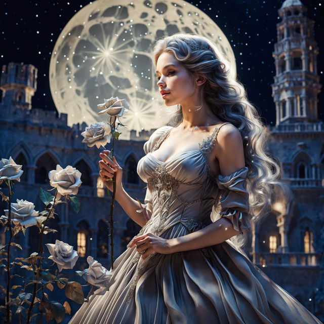 A beautiful princess in a grand castle holding a white-gray rose under a full moon with a whitish night sky filled with stars, creating a magical ambiance