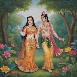 Adorable representations of Krishna and Radha in traditional attire, engaged in a joyful scene surrounded by lush, vibrant nature.