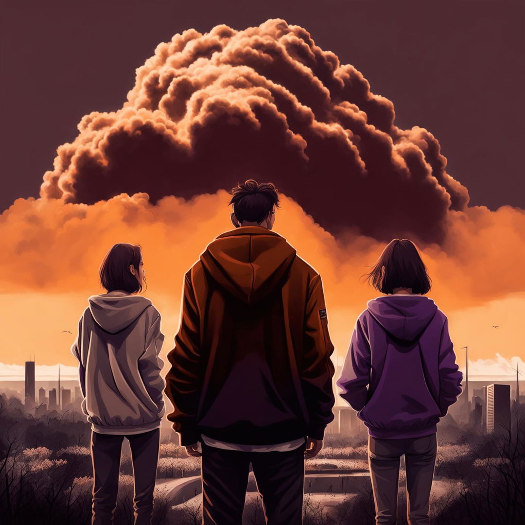 A 2024 movie poster with an orange background featuring a 24-year-old man in a black hoodie, a 25-year-old man in a white hoodie, and a 22-year-old woman in a purple jacket looking at a volcanic ash cloud approaching Wrocław