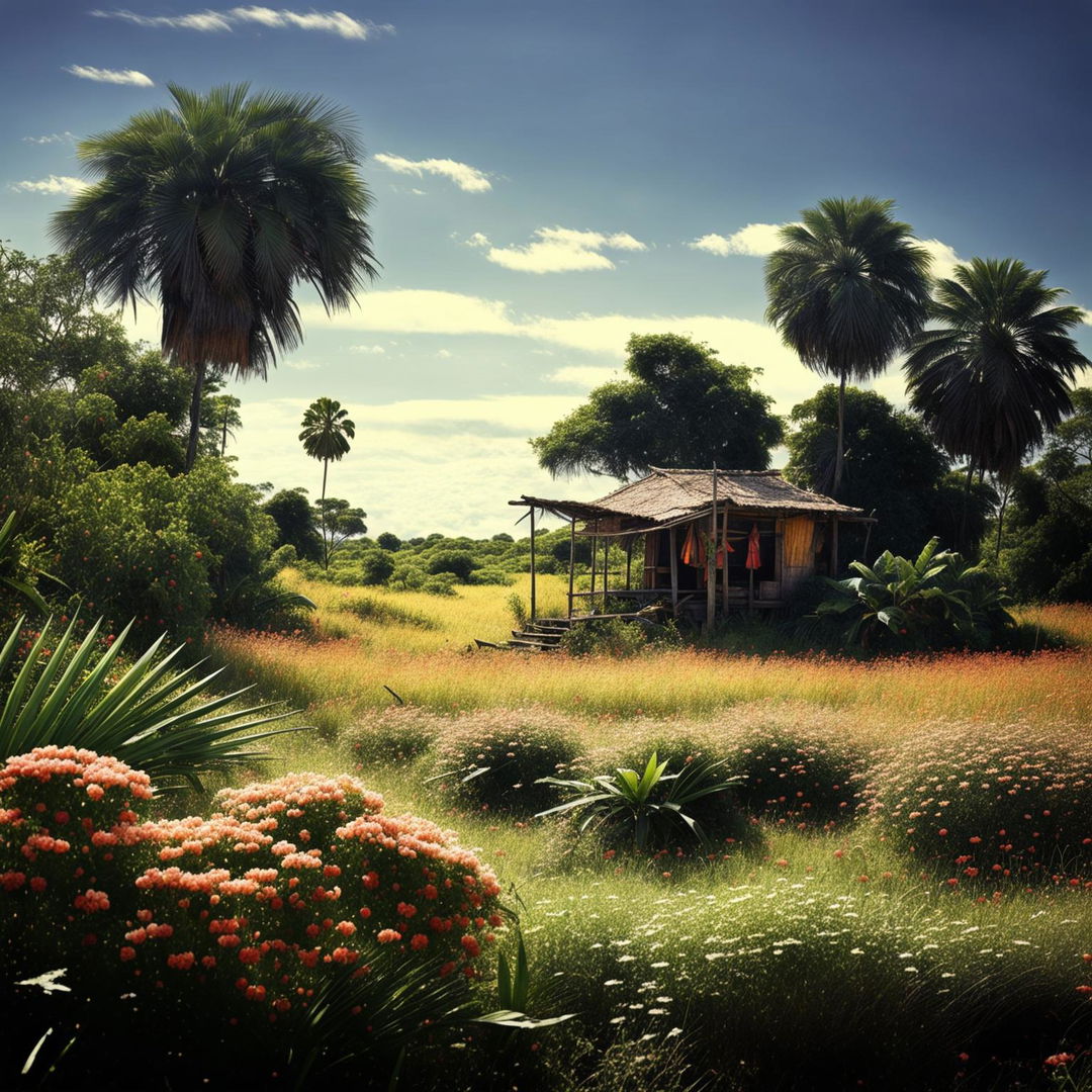 A captivating savanna landscape with expansive fields, shrubs, tall grasses, fruit-bearing plants, palm trees, and a quaint rustic hut, showcasing the harmonious blend of diverse vegetation and human presence