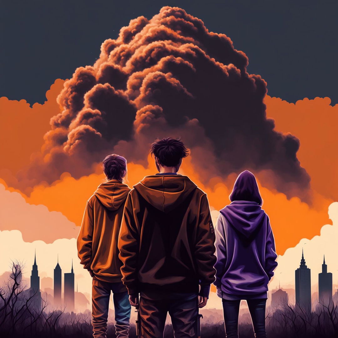 A 2024 movie poster with an orange background featuring a 24-year-old man in a black hoodie, a 25-year-old man in a white hoodie, and a 22-year-old woman in a purple jacket looking at a volcanic ash cloud approaching Wrocław