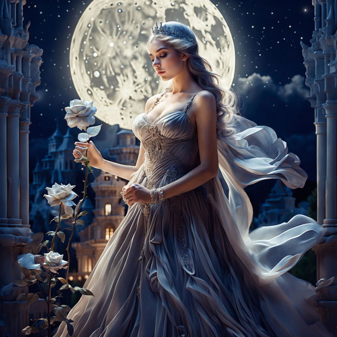 A beautiful princess in a grand castle, holding a white-gray rose under a bright full moon with stars in the sky, creating a magical and enchanting atmosphere