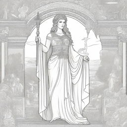 A beautifully illustrated cover for a coloring book featuring a majestic Greek goddess