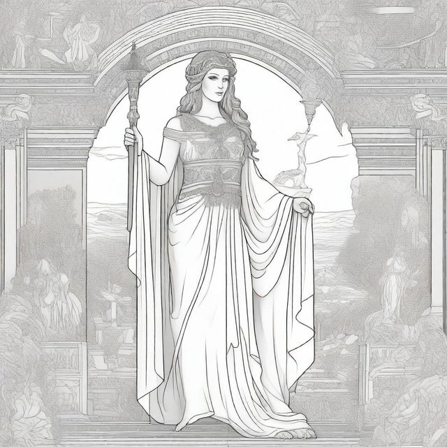 A beautifully illustrated cover for a coloring book featuring a majestic Greek goddess