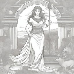 A beautifully illustrated cover for a coloring book featuring a majestic Greek goddess