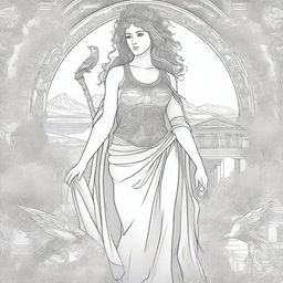 A beautifully illustrated cover for a coloring book featuring a majestic Greek goddess