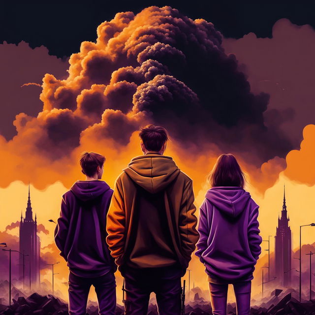 A 2024 movie poster with an orange background featuring a 24-year-old man in a black hoodie, a 25-year-old man in a white hoodie, and a 22-year-old woman in a purple jacket looking at a volcanic ash cloud approaching Wrocław