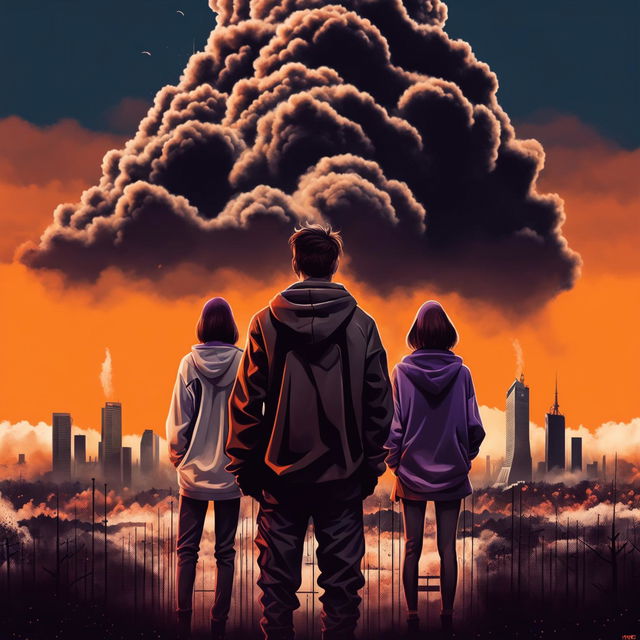 A 2024 movie poster with an orange background featuring a 24-year-old man in a black hoodie, a 25-year-old man in a white hoodie, and a 22-year-old woman in a purple jacket looking at a volcanic ash cloud approaching Wrocław