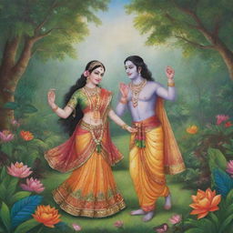 Adorable representations of Krishna and Radha in traditional attire, engaged in a joyful scene surrounded by lush, vibrant nature.